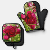 Dark Maroon velvet peonies Ovenwant & Pannenlap Set (Voorkant / Achterkant)