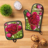 Dark Maroon velvet peonies Ovenwant & Pannenlap Set (Top down)