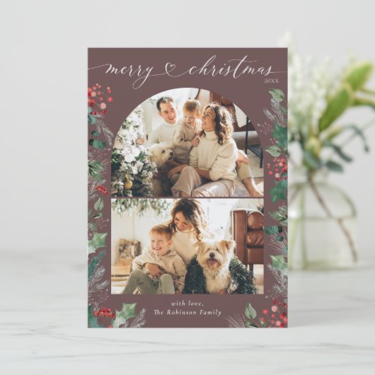 Dark Mauve Botanical 2 foto boog Kerst Kaart (Staand voorkant)