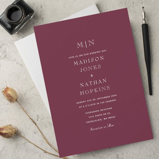Dark Mauve Minimal Monogram bruiloft Kaart