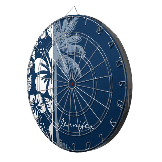 Dark Midnight Blue Tropical Hibiscus; Palm Dartbord (Voorkant Rechts)