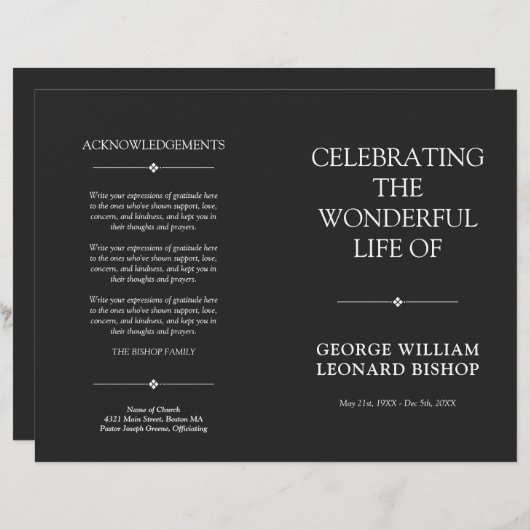 Dark Minimal Celebration of Life Begrafenisprogram (Voorkant / Achterkant)