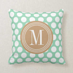 Dark Mint & Khaki Big Polka Dots Monogramed Kussen