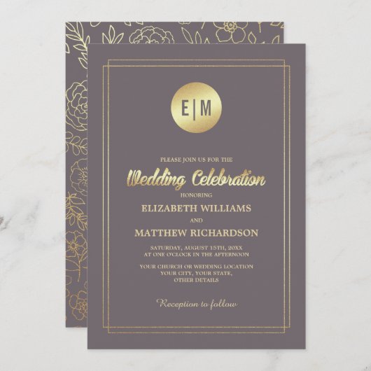 Dark Mocha Gold Floral Wedding Kaart (Voorkant / Achterkant)