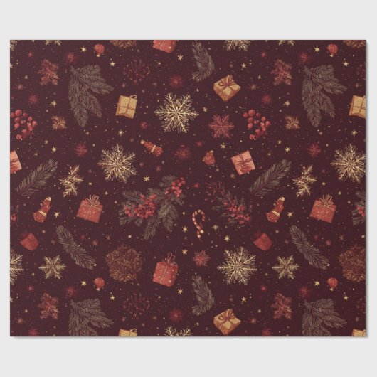 Dark Modern Elegant Holiday Patterns Pine Berry Cadeaupapier (Vlak)