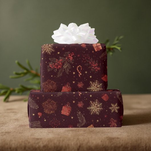 Dark Modern Elegant Holiday Patterns Pine Berry Cadeaupapier