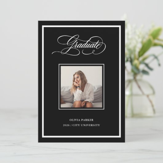 Dark Modern Frame | Photo and Elegant Script Grad Aankondiging (Staand voorkant)