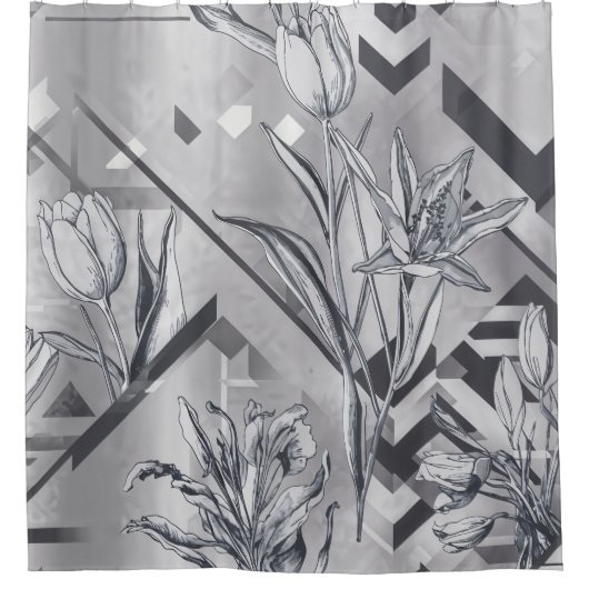 Dark Modern Geometric Tulip Line Art Pattern (2) Douchegordijn (Voorkant)