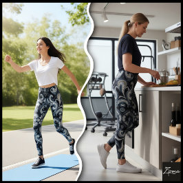 Dark Monochrome Ornamental Filigree Mandala Patter Leggings