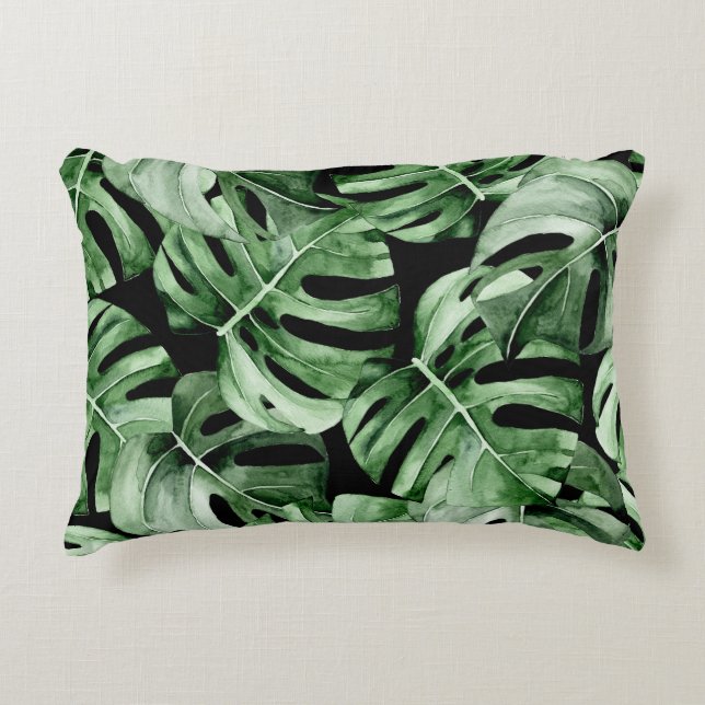 Dark Monstera: Tropische Waterverf print. Accent Kussen (Voorkant)