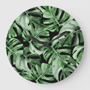 Dark Monstera: Tropische Waterverf print. Grote Klok