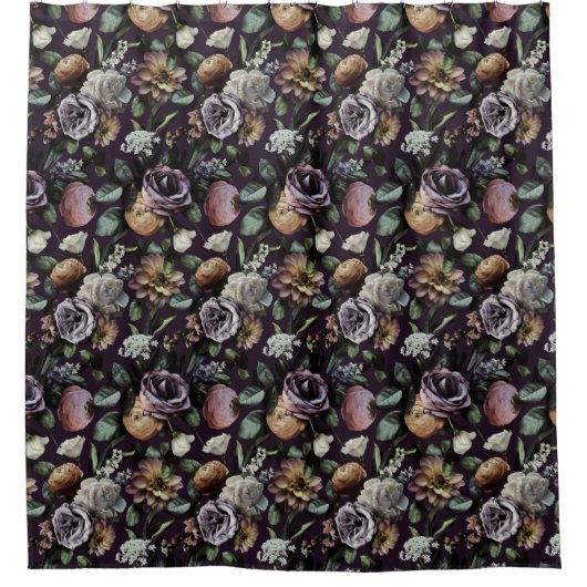 Dark Moody Autumn Floral Paars Douchegordijn (Voorkant)