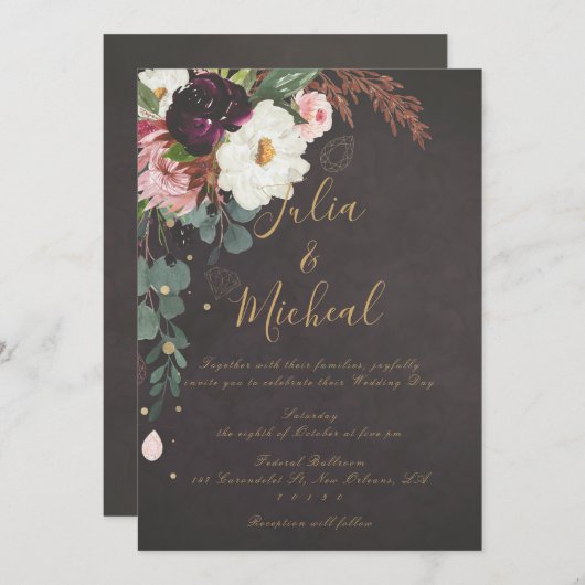 Dark Moody Autumn Floral Wedding Invitation Kaart (Voorkant / Achterkant)