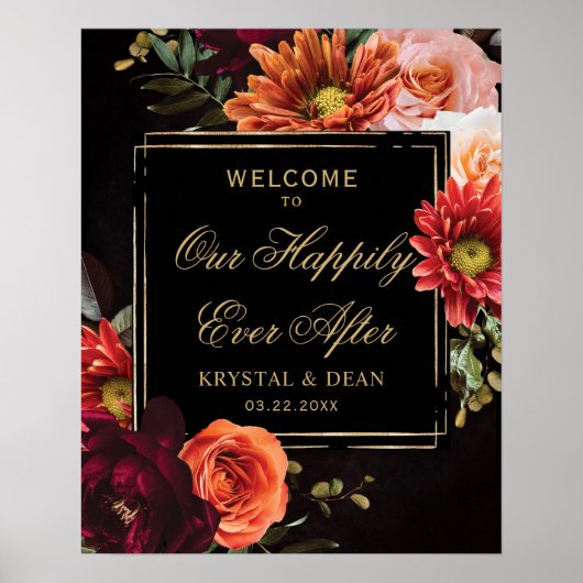 Dark Moody Black Burgundy Orange Floral Wedding Poster (Voorkant)