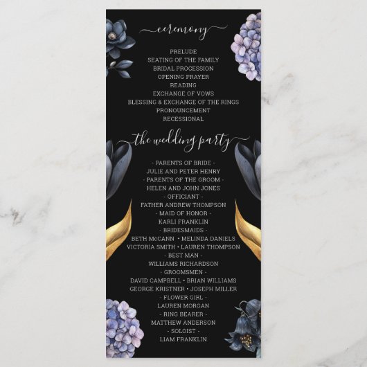 Dark Moody Black Floral Classic Typography Wedding Programmakaart (Achterkant)