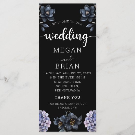 Dark Moody Black Floral Classic Typography Wedding Programmakaart (Voorkant)