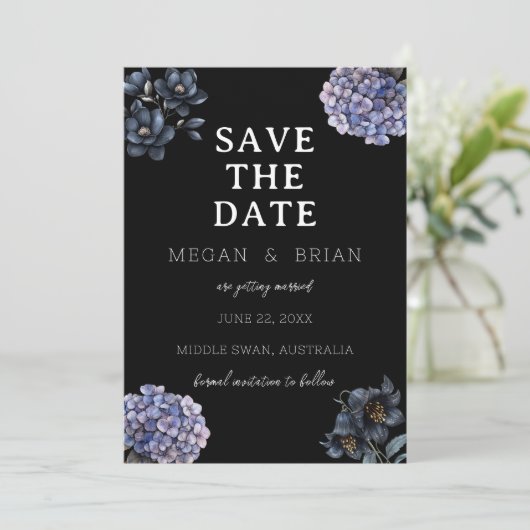 Dark Moody Black Floral Classic Typography Wedding Save The Date (Staand voorkant)