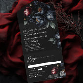 Dark Moody Black Peony Gothic Wedding QR-code All In One Uitnodiging