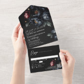 Dark Moody Black Peony Gothic Wedding QR-code All In One Uitnodiging (Afscheurbaar)