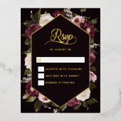 Dark Moody Bloemen Bruiloft RSVP Kaart Gouden Foli (Voorkant)