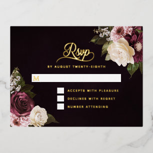 Dark Moody Bloemen Gouden Folie Bruiloft RSVP Kaar Uitnodiging Briefkaart