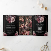 Dark Moody Bloemen Lijst Zwart QR Code Bruiloft Drieluik Uitnodiging (Binnen)