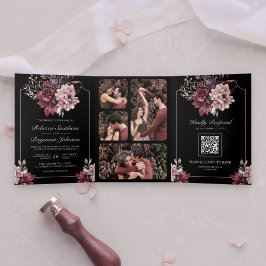 Dark Moody Bloemen Lijst Zwart QR Code Bruiloft Drieluik Uitnodiging