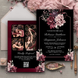Dark Moody Bloemen Lijst Zwart QR Code Bruiloft Kaart