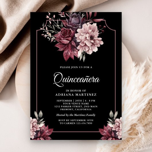 Dark Moody Bloemen Lijst Zwart Quinceanera Kaart