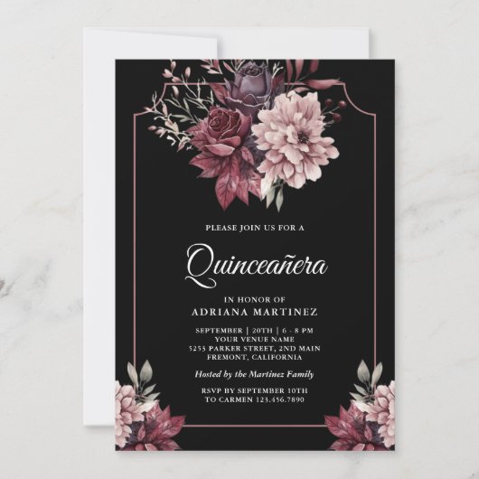 Dark Moody Bloemen Lijst Zwart Quinceanera Kaart (Voorkant)
