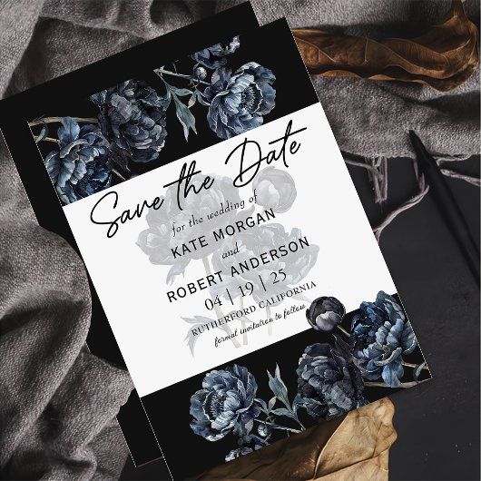 Dark Moody Bloemenblauw Bruiloft Save The Date Kaa
