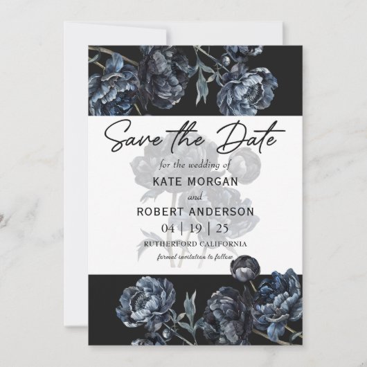 Dark Moody Bloemenblauw Bruiloft Save The Date Kaa (Voorkant)