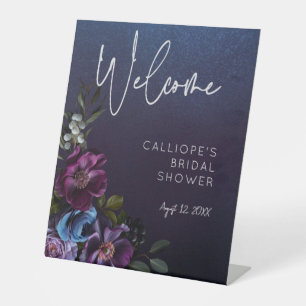 Dark Moody Blue Lavendel Floral Vrijgezellenfeest Reclamebord Met Voetstuk