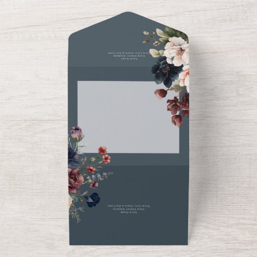 Dark Moody Blue Ovaal Bloemen Lijst QR Code All In One Uitnodiging (Buitenkant)