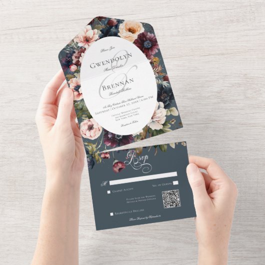 Dark Moody Blue Ovaal Bloemen Lijst QR Code All In One Uitnodiging (Afscheurbaar)
