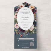Dark Moody Blue Ovaal Bloemen Lijst QR Code All In One Uitnodiging (Binnen)