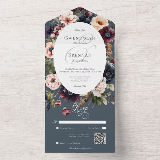Dark Moody Blue Ovaal Bloemen Lijst QR Code All In One Uitnodiging (Binnen)