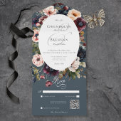 Dark Moody Blue Ovaal Bloemen Lijst QR Code All In One Uitnodiging