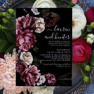 Dark Moody Blush Bourgogne Script Floral Weddensch Kaart