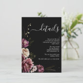Dark Moody Blush Burgundy Floral Wedding Details Informatiekaartje (Staand voorkant)