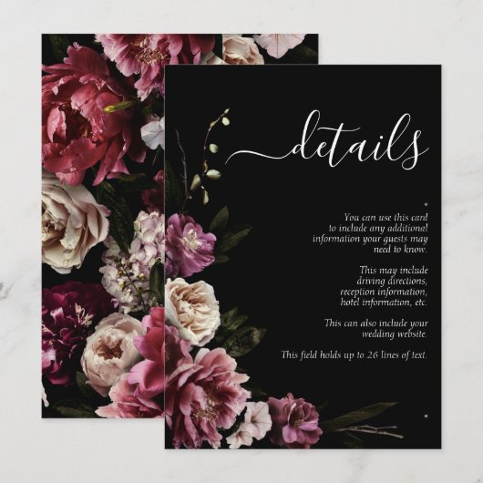 Dark Moody Blush Burgundy Floral Wedding Details Informatiekaartje (Voorkant / Achterkant)