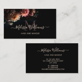 Dark Moody Blush Flowers Monogram Black Visitekaartje