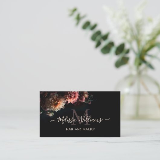 Dark Moody Blush Flowers Monogram Black Visitekaartje (Staand voorkant)