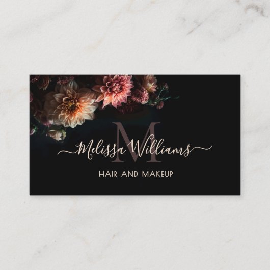 Dark Moody Blush Flowers Monogram Black Visitekaartje (Voorkant)