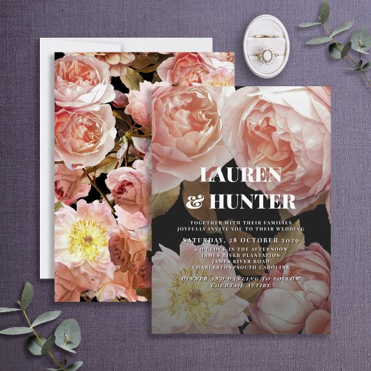 Dark Moody Blush Pink Floral Botanical Wedding Inv Kaart