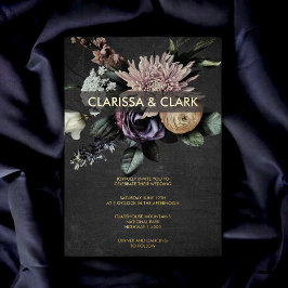 Dark Moody Bold Floral Black Paars Wedding Folie Uitnodiging