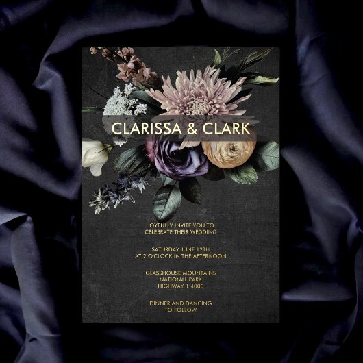 Dark Moody Bold Floral Black Paars Wedding Folie Uitnodiging