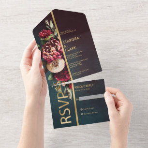 Dark Moody Bold Floral Marsala Wedding All In One Uitnodiging