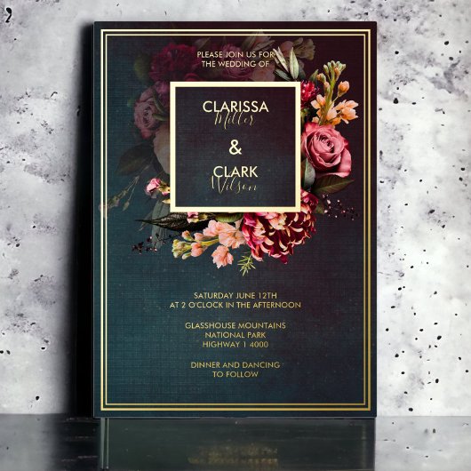 Dark Moody Bold Floral Marsala Wedding Folie Invit Folie Uitnodiging