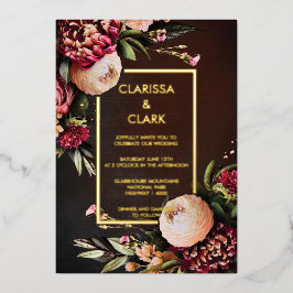 Dark Moody Bold Floral Marsala Wedding Folie Uitnodiging